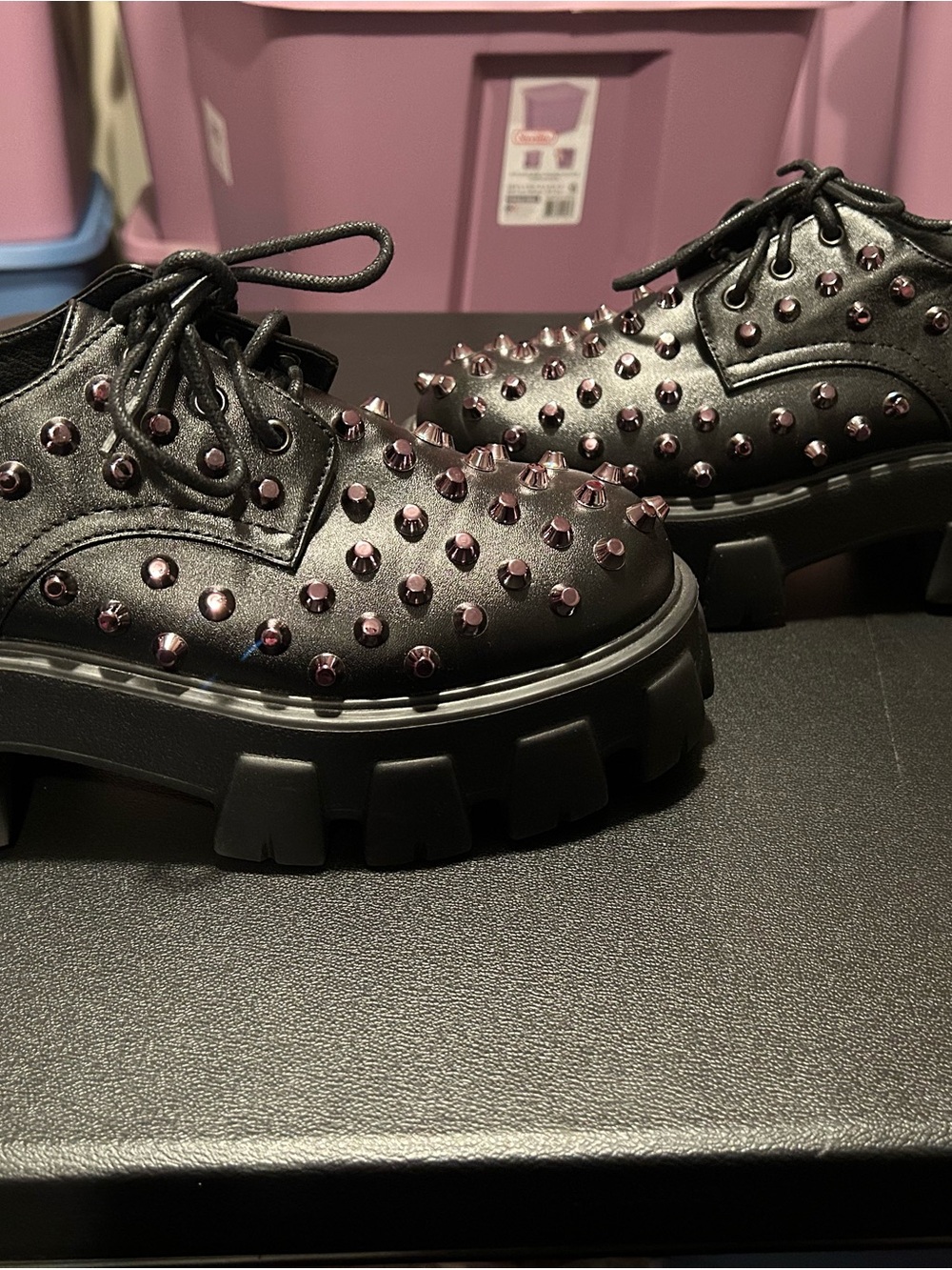 Foxblood Black Platform Lace-Up Oxfords with Purple Stud Accents 8